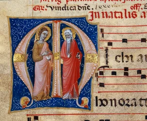Miniaturseite eines Choralpergaments mit zwei Heiligen, Detail